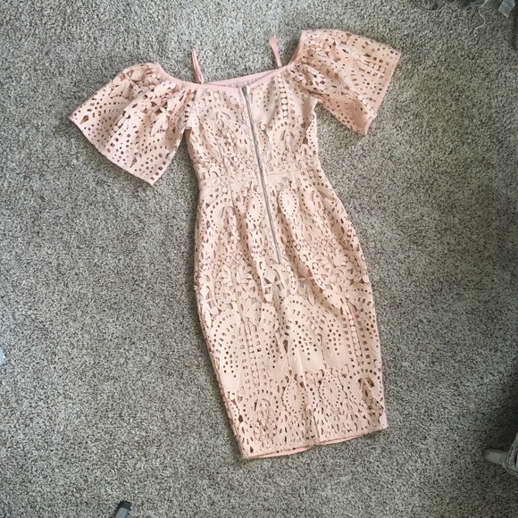 Off the Shoulder Peach Lace Overlay Midi Dress - Picture 2 of 4
